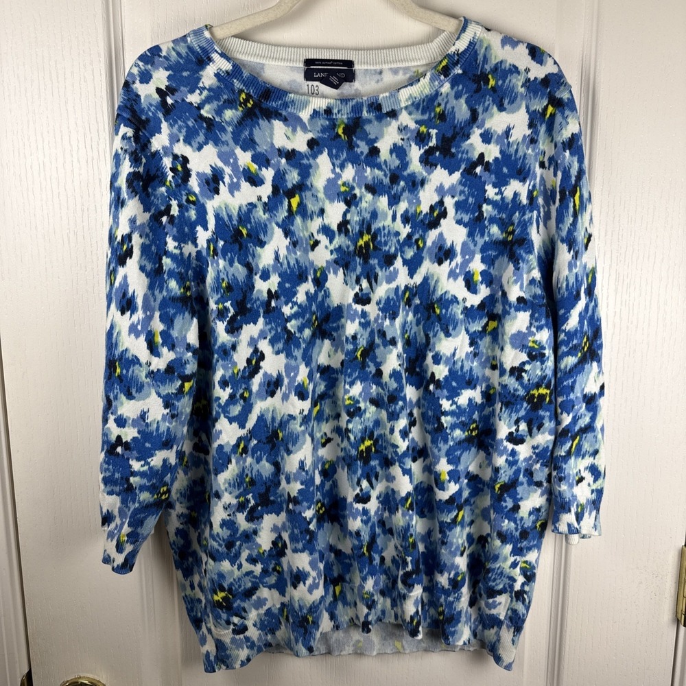 Lands' End Supima Cotton Crewneck Sweater 1X Blue Floral Plus Size Knit